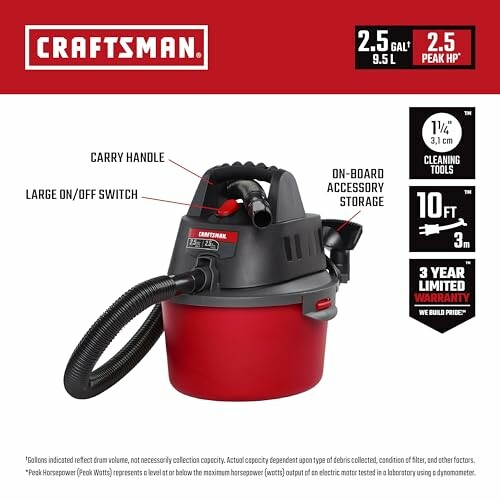 Craftsman wet dry vacuum with features labeled, including carry handle, on/off switch, accessory storage, and specifications.